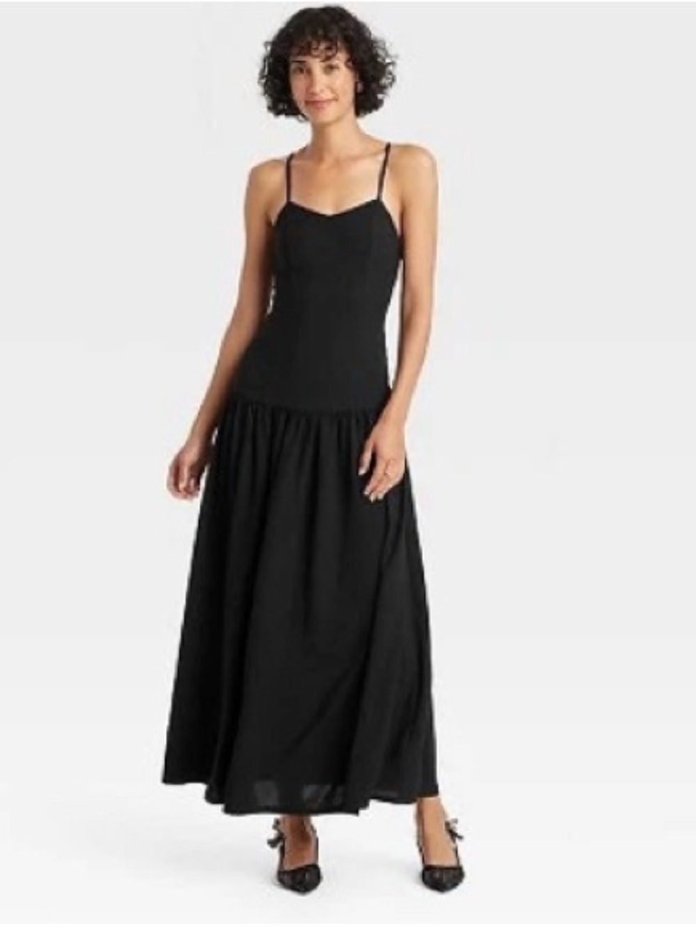 🎯 A New Day Maxi Drop Waist  Black Spaghetti-Strap Dress Size L NWT